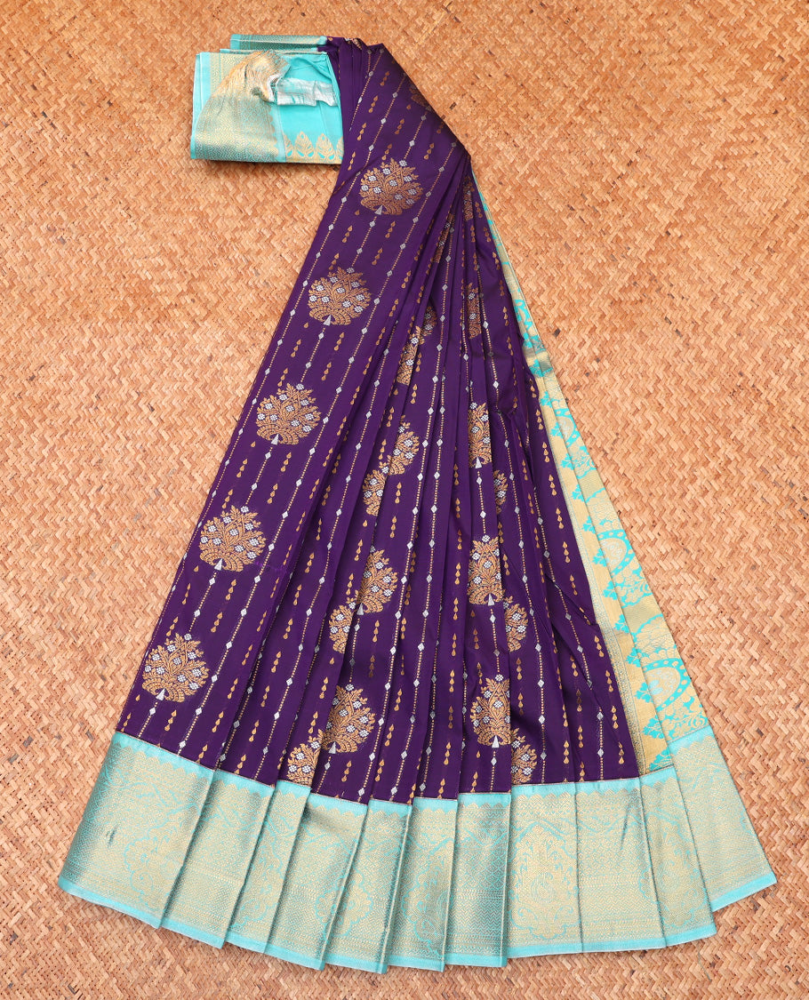 Purple Budget Silk Saree, Decked Up with Zari Buttas All Over Its Body, Complemented by Contrast Traditional Zari Designs Woven Border, Grand Pallu and Paired with a Contrast Blouse