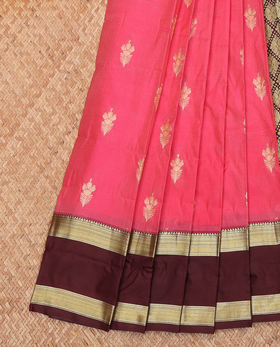 Pink Budget Silk Saree, Prettified with Zari Buttas All Over Its Body, Complemented by a Contrast Traditional Zari Design Woven Rettai Pettu Border, Majestically Detailed Pallu of Jaal Designs, and Paired with a Contrast Blouse