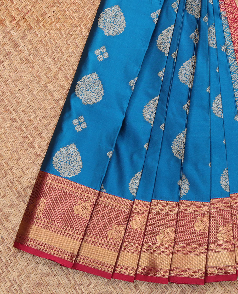 Blue Budget Silk Saree, Decorated with Zari Buttas All Over Its Body, Complemented by a Contrast Traditional Zari Design Border, Intricate Jaal Patterned Pallu, and Paired with a Contrast Blouse