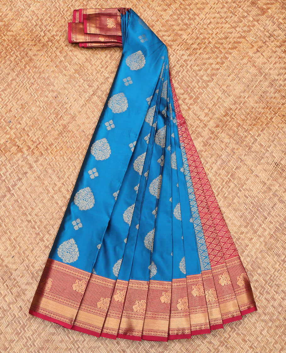 Blue Budget Silk Saree, Decorated with Zari Buttas All Over Its Body, Complemented by a Contrast Traditional Zari Design Border, Intricate Jaal Patterned Pallu, and Paired with a Contrast Blouse