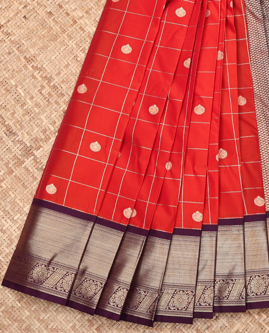 Rust Budget Silk Saree, Adorned with Butta Enclosed Checks All Over Its Body, Complemented by a Contrast Traditional Zari Design Border, Grand Pallu, and Paired with a Contrast Blouse