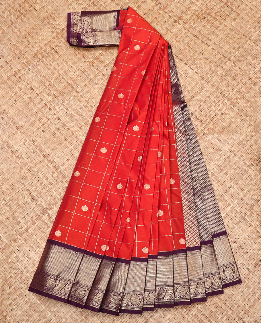 Rust Budget Silk Saree, Adorned with Butta Enclosed Checks All Over Its Body, Complemented by a Contrast Traditional Zari Design Border, Grand Pallu, and Paired with a Contrast Blouse