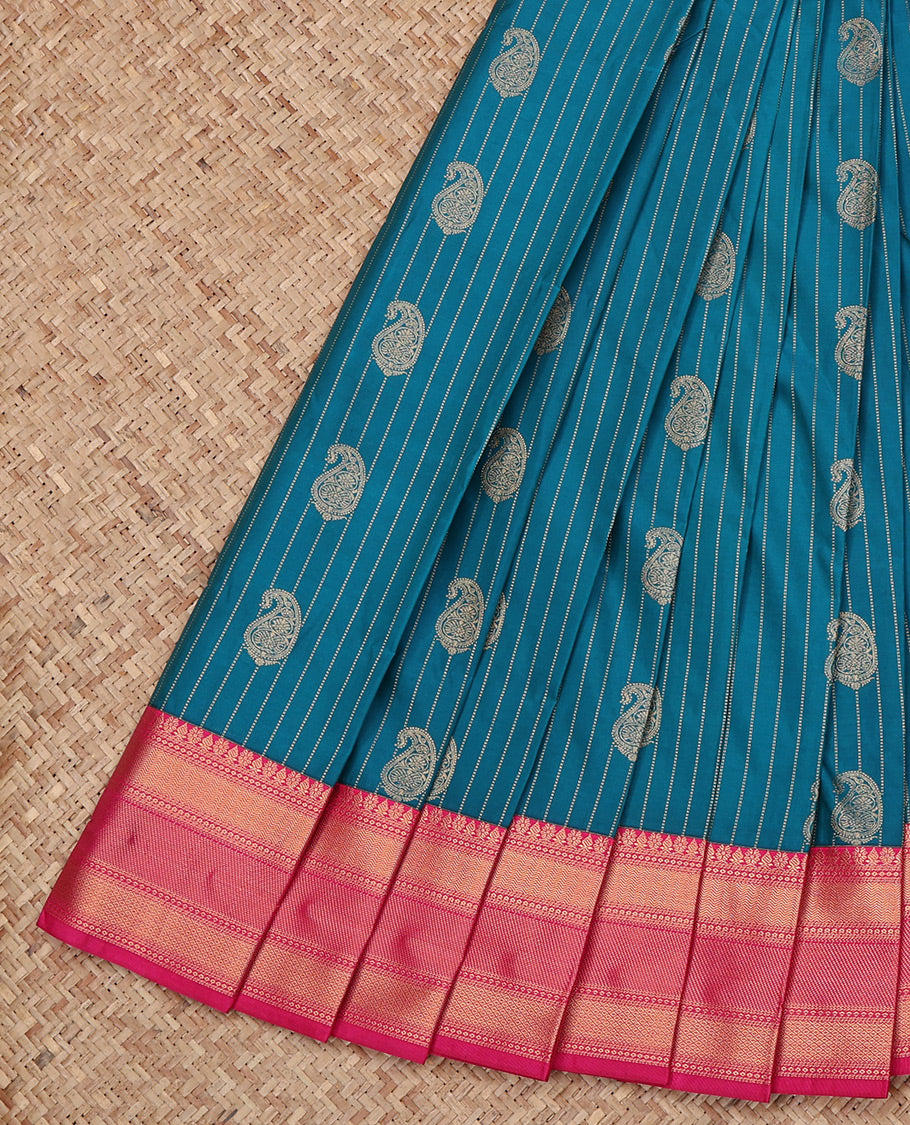 Blue Budget Silk Saree, Accentuated with Paisley Buttas and Stripes All Over Its Body, Complemented by a Contrast Traditional Zari Border, Grand Pallu, and Paired with a Contrast Blouse