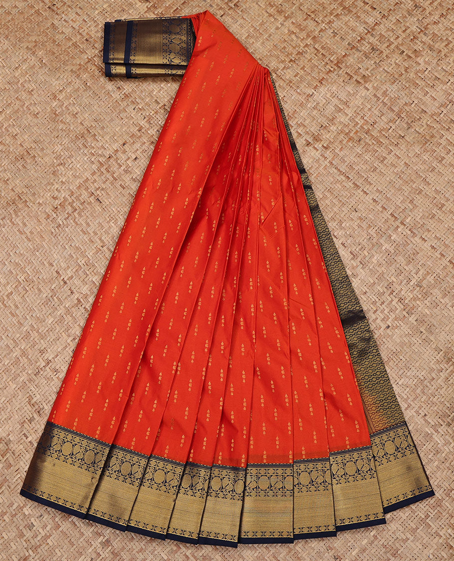 Orange Budget Silk Saree, Finely Crafted with Zari Buttas All Over Its Body, Complemented by a Contrast Traditional Zari Design Peacock-Rudraksham Border, Grand Pallu, and Paired with a Contrast Blouse