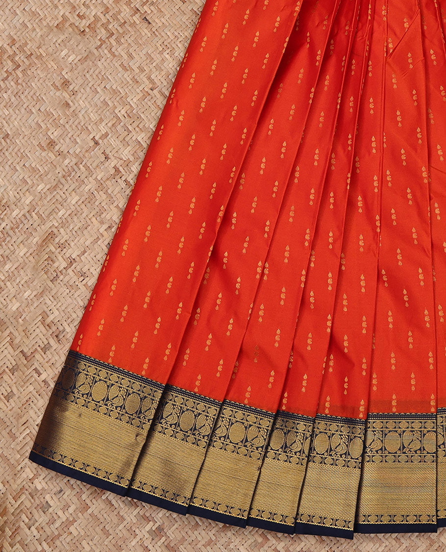 Orange Budget Silk Saree, Finely Crafted with Zari Buttas All Over Its Body, Complemented by a Contrast Traditional Zari Design Peacock-Rudraksham Border, Grand Pallu, and Paired with a Contrast Blouse
