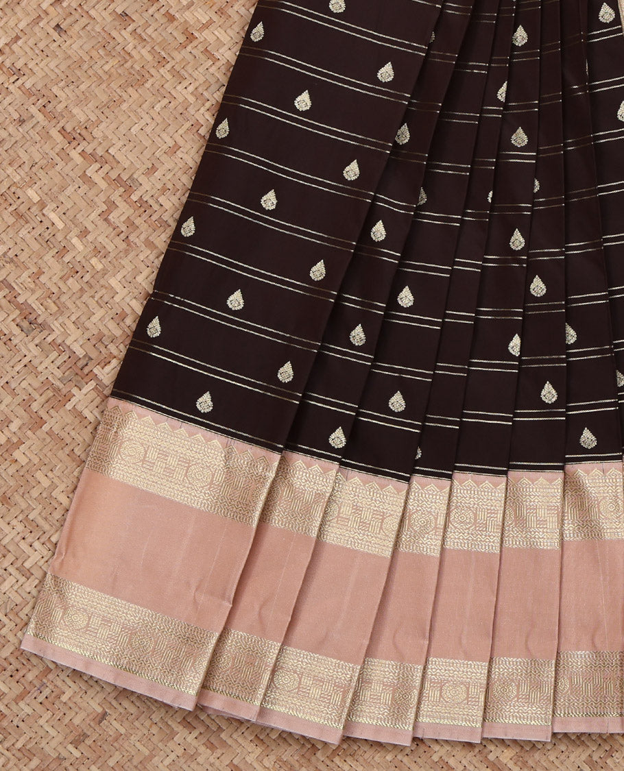 Brown Budget Silk Saree, Subtly Enriched with Zari Buttas and Zari Stripes All Over Its Body, Complemented by a Contrast Traditional Zari Design Rettai Pettu Border, Pallu of Jaal Designs, and Paired with a Contrast Blouse