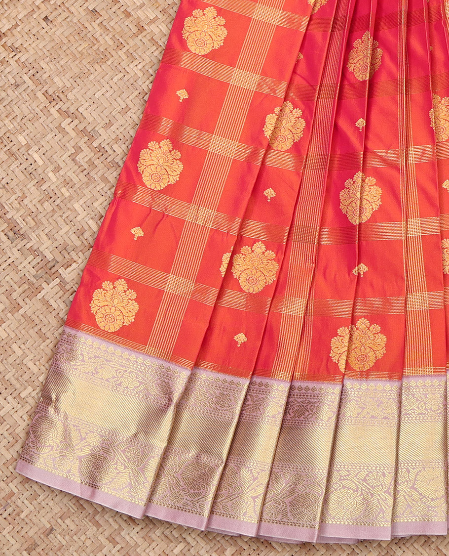 Orange Budget Silk Saree, Majestically Detailed with Zari Butta Enclosed Checked Design on Its Body, Complemented by a Contrast Traditional Zari Design Border, Pallu of Peacock Design, and Paired with a Contrast Blouse