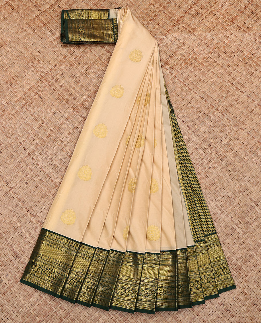 Sandal Budget Silk Saree, Sparsely Woven with Zari Buttas, Complemented by Contrast Traditional Zari Border, Grand Pallu and a Contrast Blouse