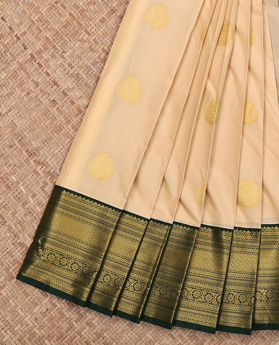 Sandal Budget Silk Saree, Sparsely Woven with Zari Buttas, Complemented by Contrast Traditional Zari Border, Grand Pallu and a Contrast Blouse