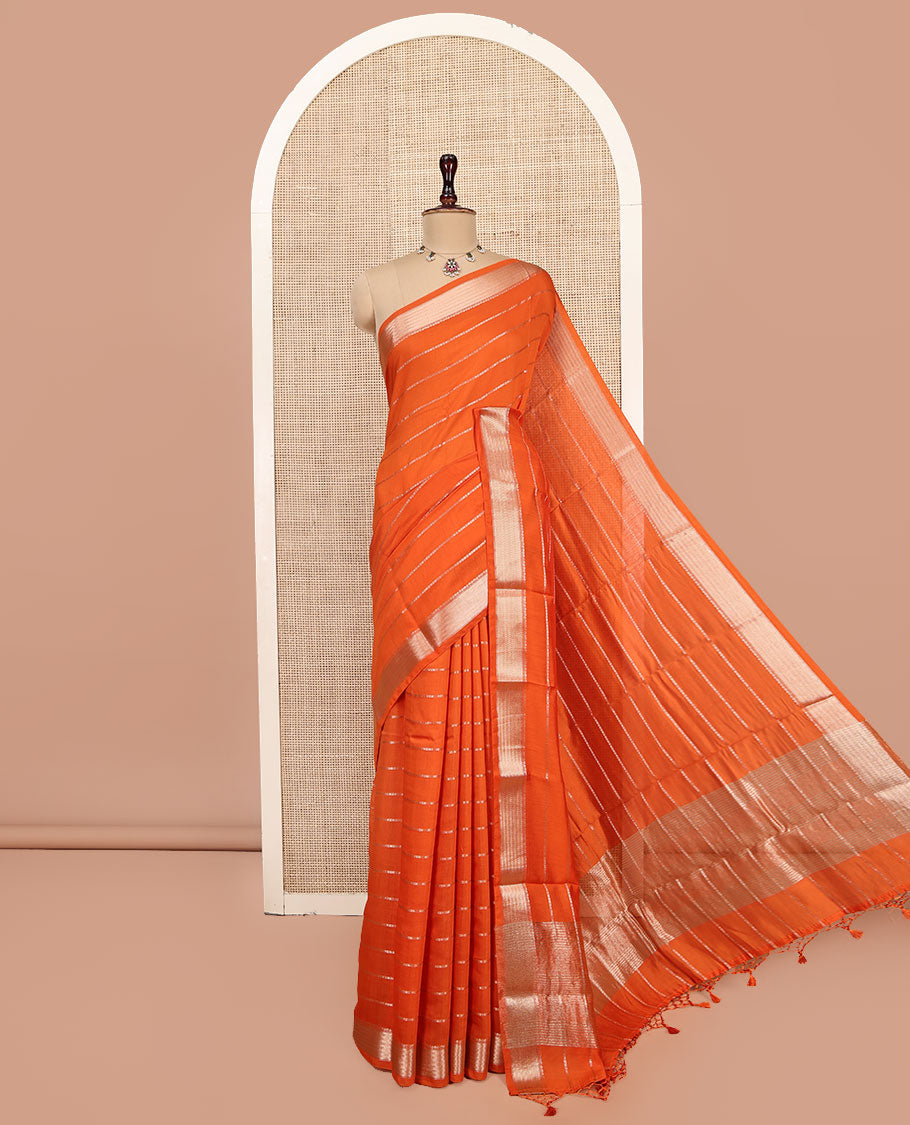 Orange Assam Silk Saree, Enriched with Zari Stripes, Highlighted by a Traditional Zari Border, Gleaming Zari Pallu, and a Matching Blouse