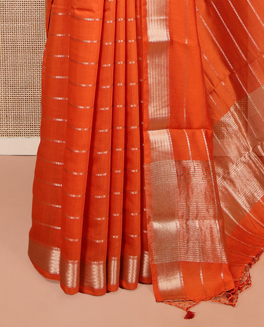 Orange Assam Silk Saree, Enriched with Zari Stripes, Highlighted by a Traditional Zari Border, Gleaming Zari Pallu, and a Matching Blouse
