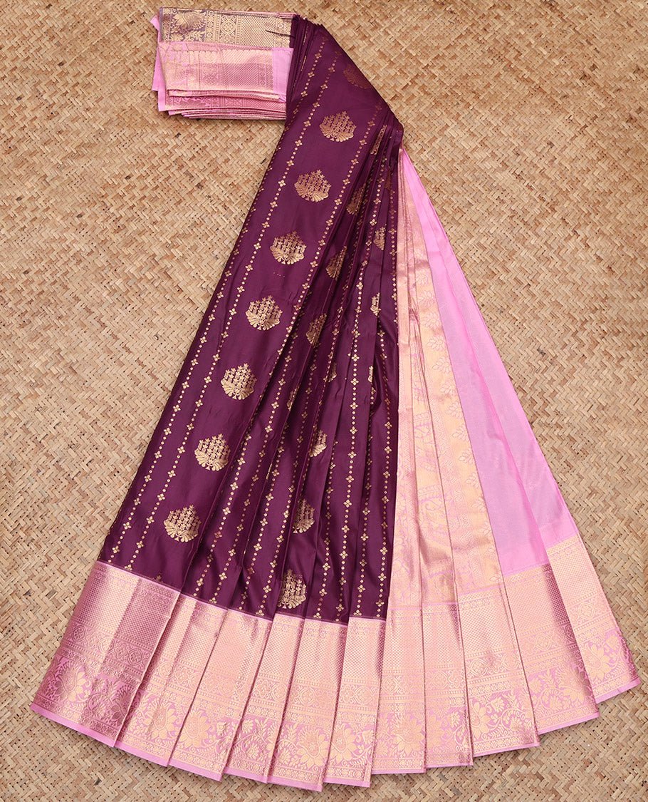 Purple Budget Silk Saree, Decorated with Zari Buttas, Contrast Traditional Zari Border, Grand Pallu, and a Contrast Blouse
