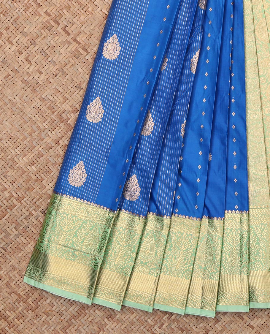 Blue Budget Silk Saree, Woven with Zari Buttas and Stripes, Complemented by Contrast Traditional Zari Border, Grand Pallu and a Contrast Blouse
