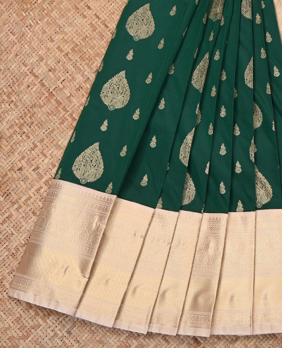 Dark Green Budget Silk Saree, Boldly Accentuated with Zari Buttas, Complemented by Contrast Traditional Zari Border, Grand Pallu, and a Contrast Blouse