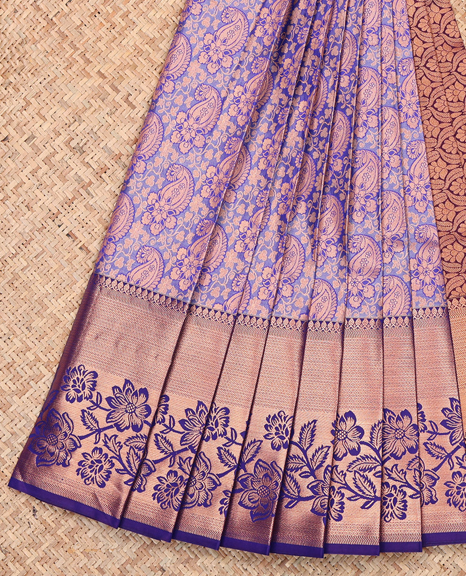 Light Violet Budget Silk Saree, Artfully Woven with Floral-Paisley Jacquard, Contrast Traditional Zari Border, Grand Pallu and a Contrast Blouse