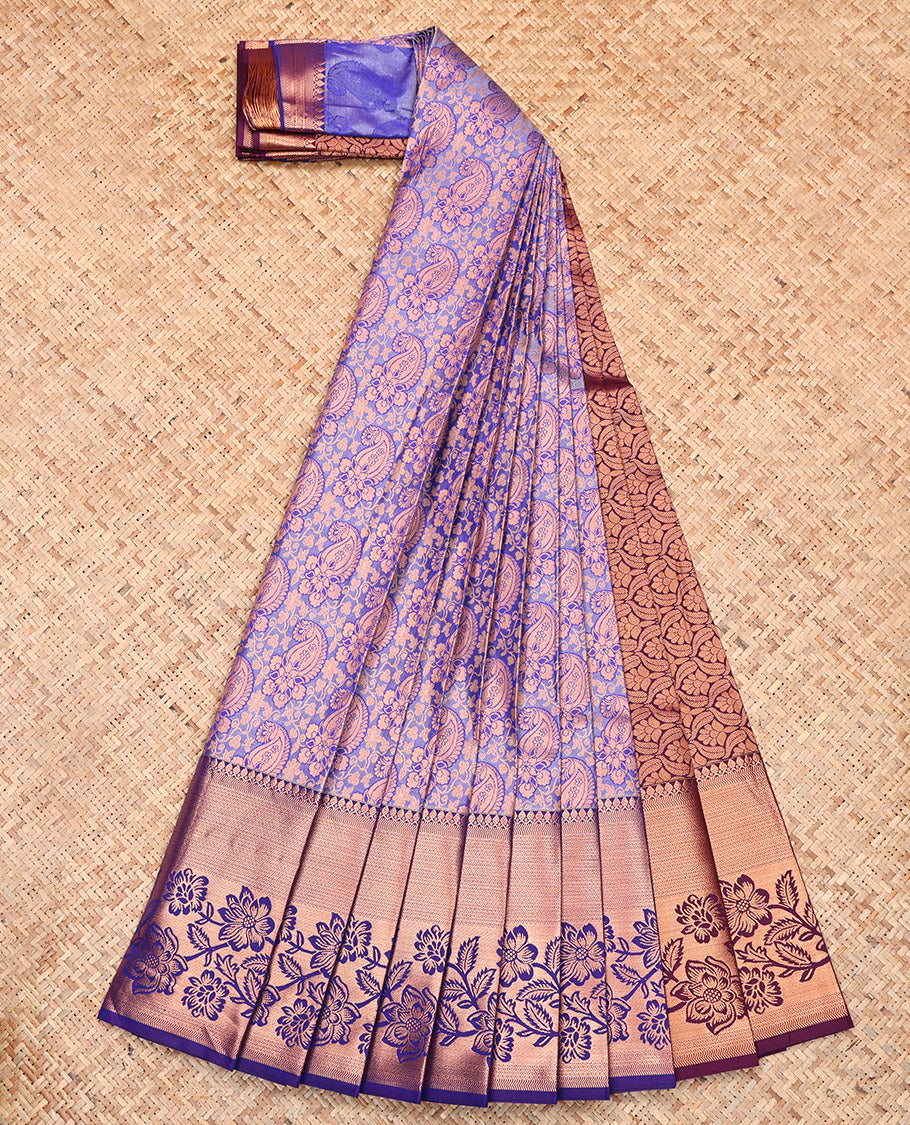 Light Violet Budget Silk Saree, Artfully Woven with Floral-Paisley Jacquard, Contrast Traditional Zari Border, Grand Pallu and a Contrast Blouse