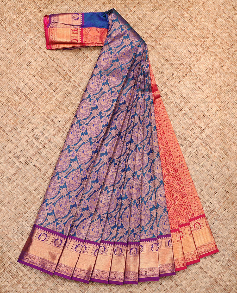 Blue Budget Silk Saree, Gleamed Up with Jacquard, Complemented by Contrast Traditional Zari Border, Grand Pallu, and a Contrast Blouse
