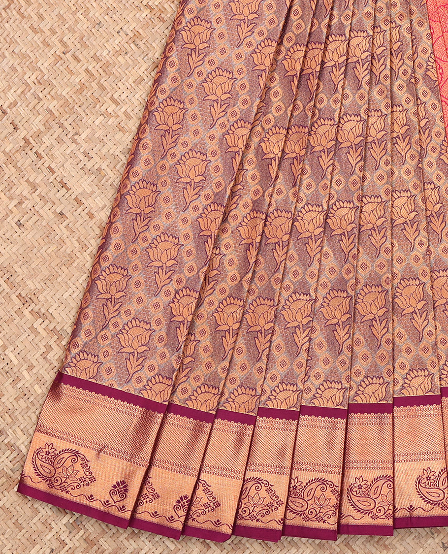 Brown Budget Silk Saree, Detailed with Jacquard, a Contrast Paisley Zari Border, Grand Pallu, and a Contrast Blouse