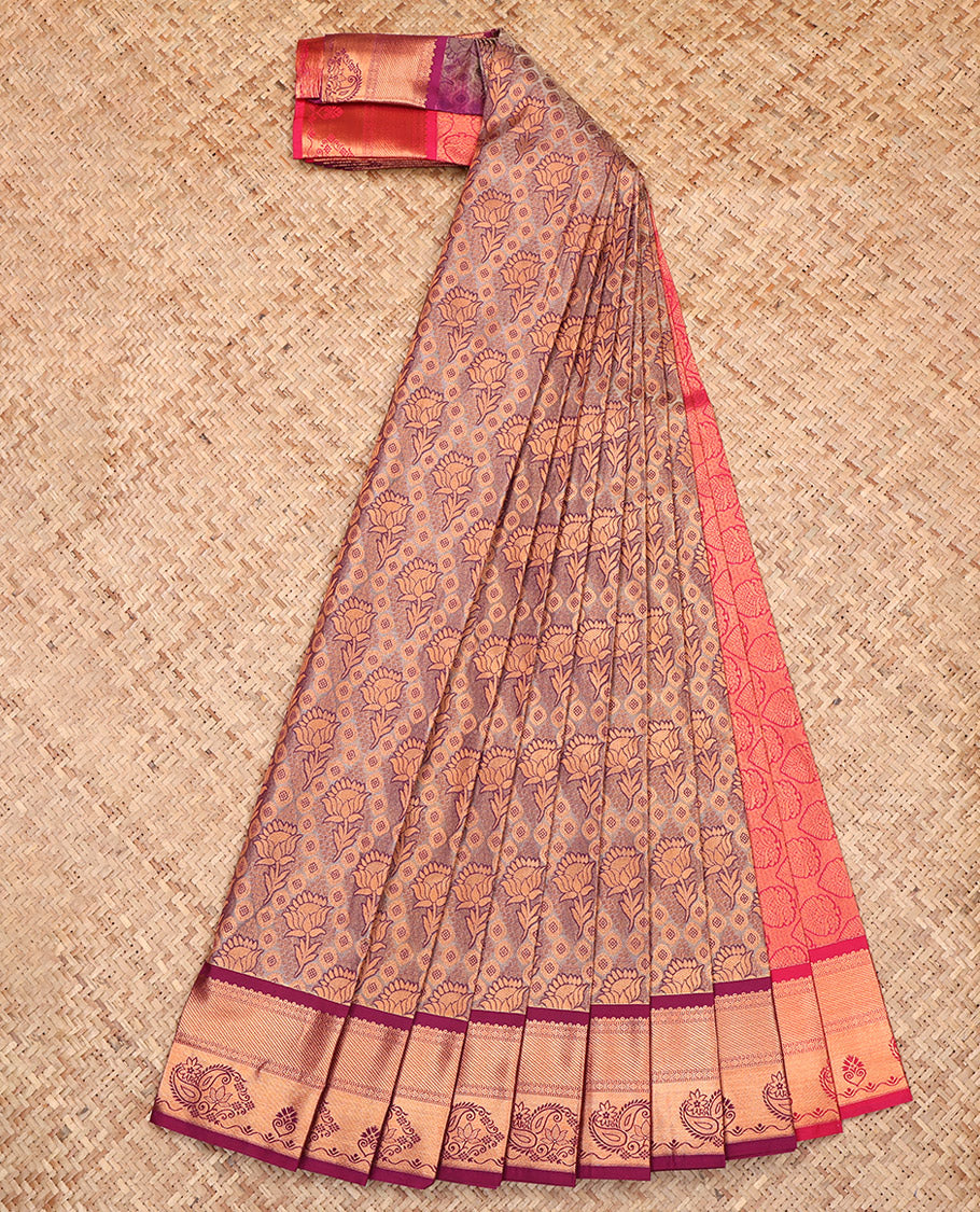 Brown Budget Silk Saree, Detailed with Jacquard, a Contrast Paisley Zari Border, Grand Pallu, and a Contrast Blouse
