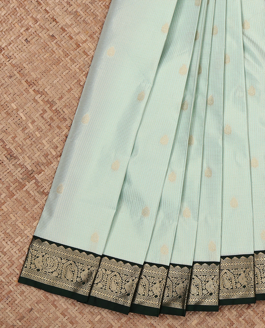 Pale Green Budget Silk Saree, Sparsely Woven with Zari Buttas and Checks, Complemented by a Contrast Traditional Zari Border, Geometric Pallu, and a Contrast Blouse
