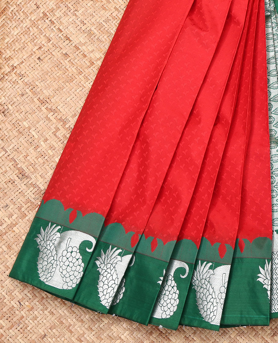 Red Embossed Budget Silk Saree, Complemented by a Contrast Fruit Motifs Zari Border, Intricate Pallu, and Contrast Blouse
