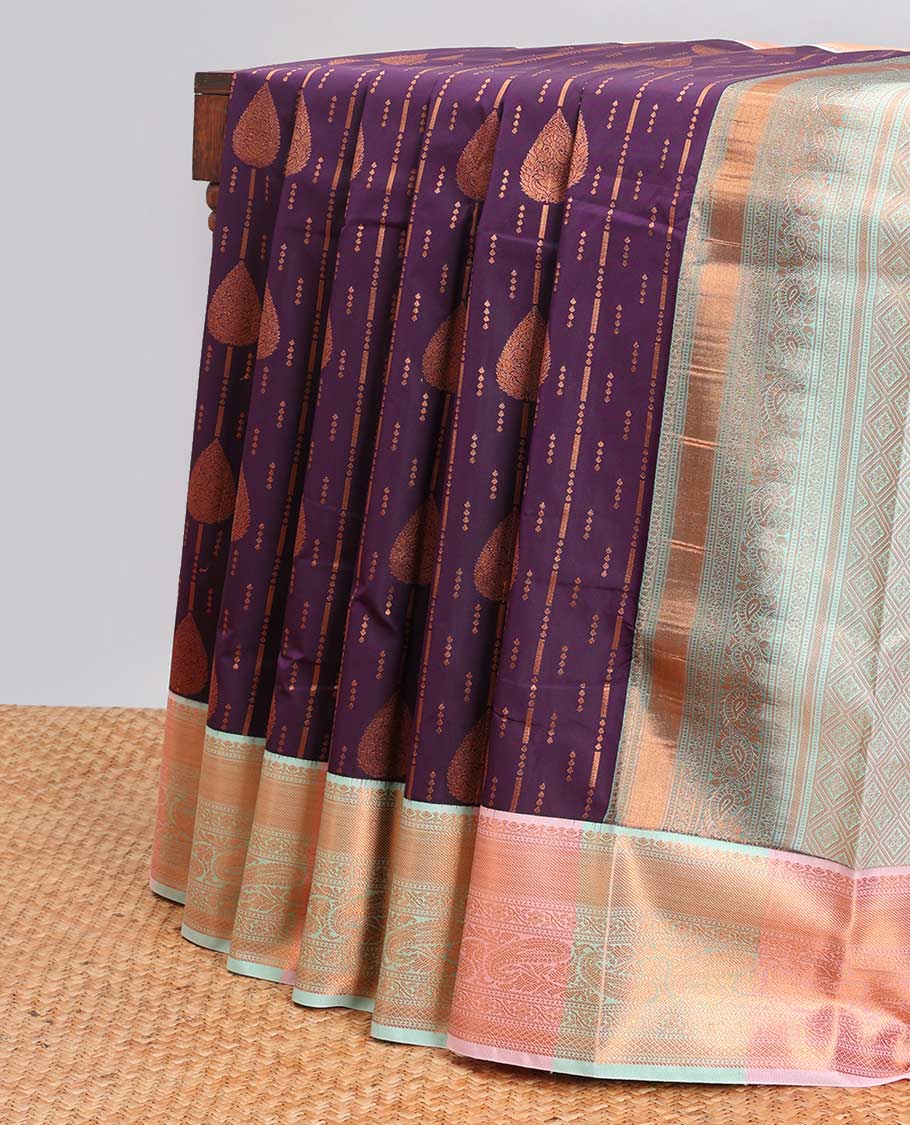 Violet striped leaf design gift saree with contrast intricate zari design border & zari jaal design pallu