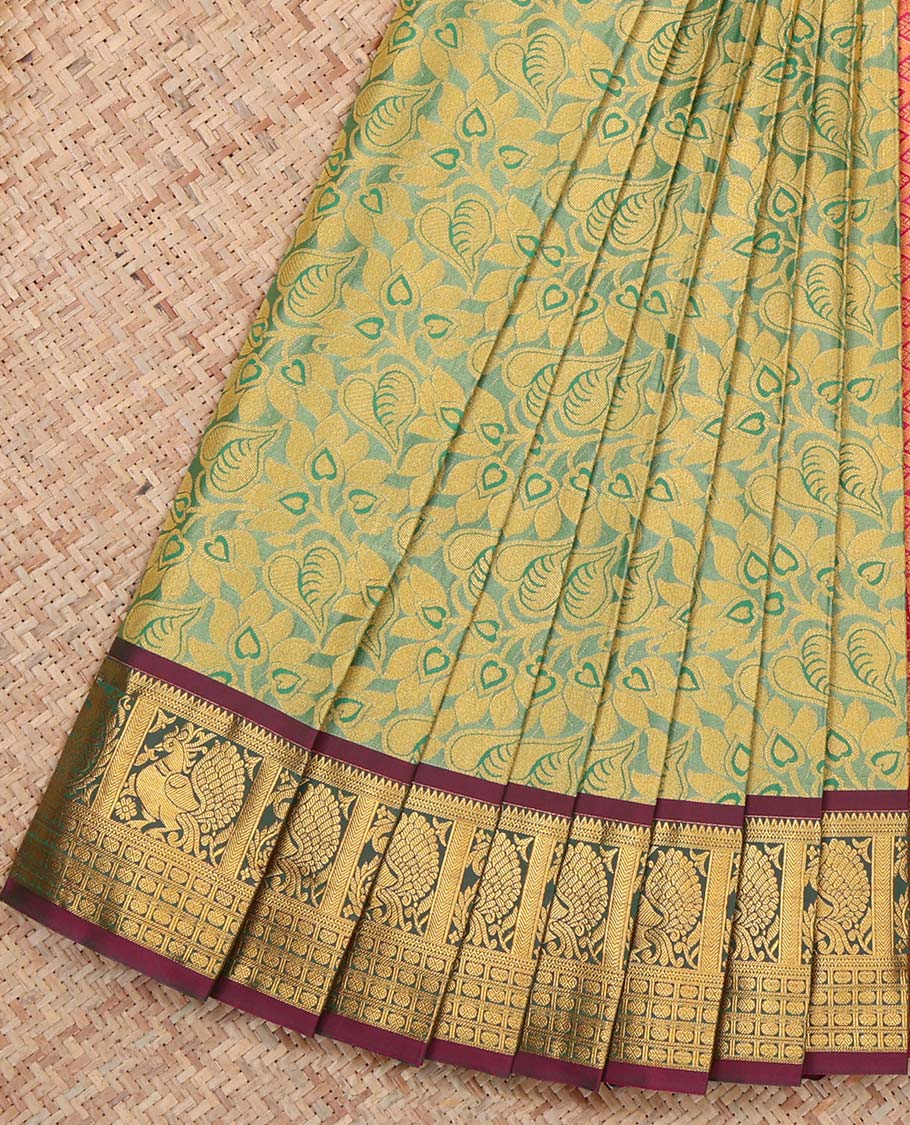 Green Budget Silk Saree, Showcasing Floral Vine Design, Complemented by Contrast Peacock and Paisley Zari Border, a Jaal Pallu and a Contrast Blouse
