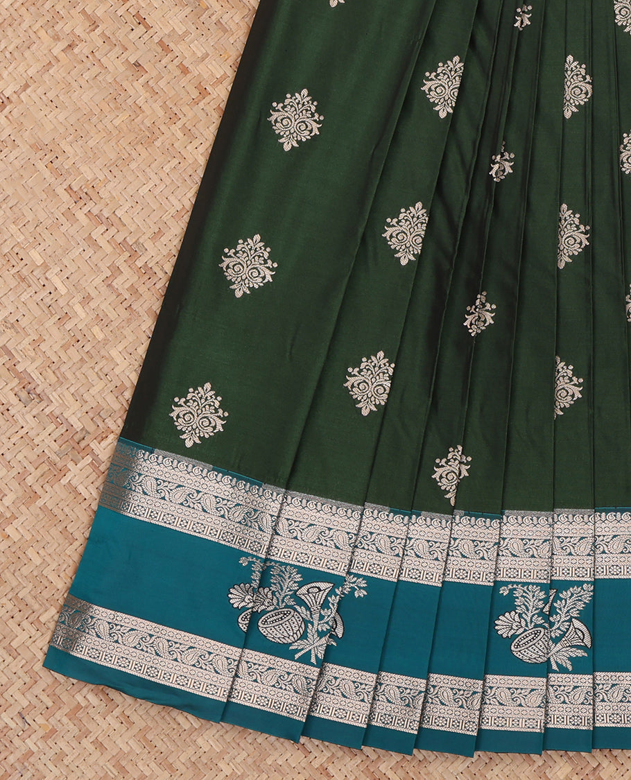 Green Budget Silk Saree, Ornamented with Zari Buttas, Complemented by a Contrast Traditional Zari Border, Pallu of Jaal and Paisleys, and a Contrast Blouse