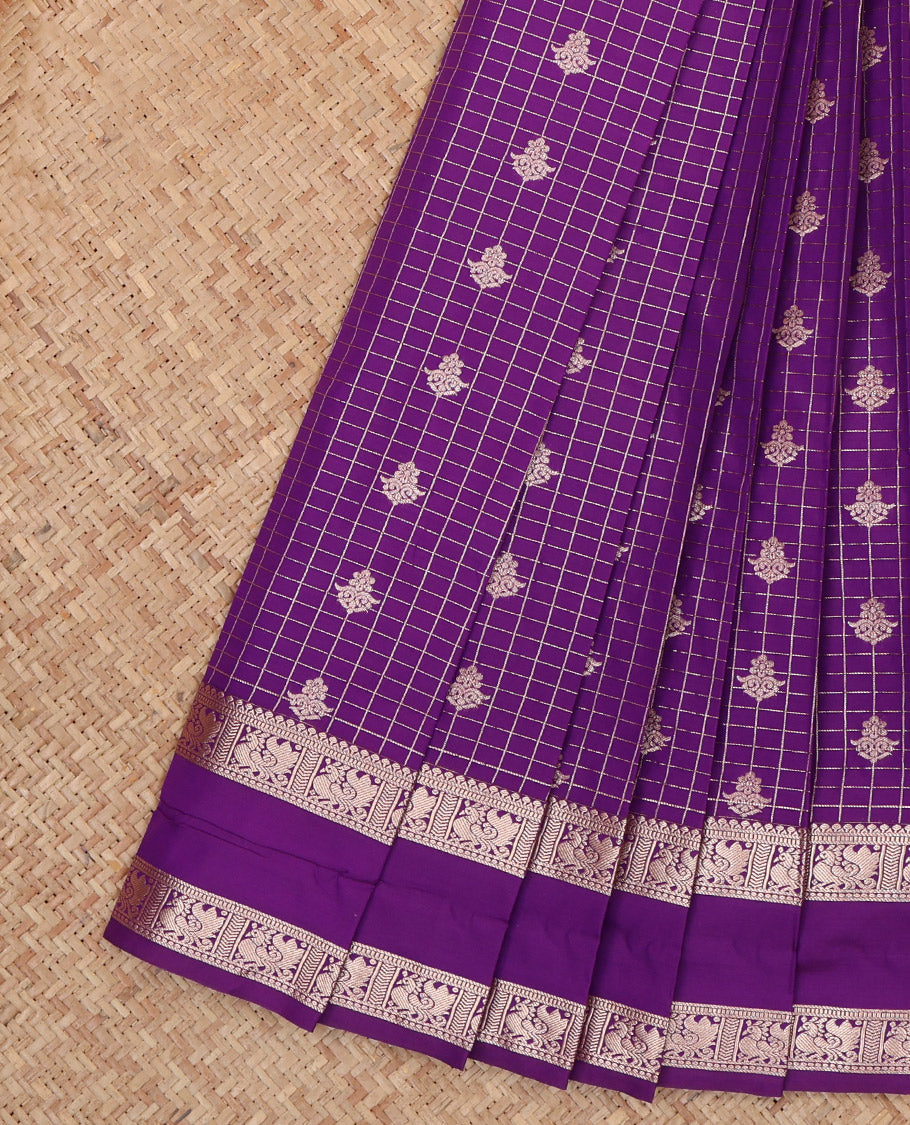 Violet Budget Silk Saree, Enthralled with Zari Buttas and Checks, a Zari Rettai Pettu Traditional Border, Grand Pallu, and a Contrast Blouse