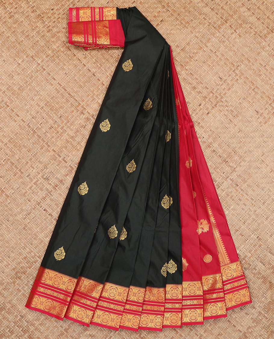 Black Budget Silk Saree, Showcasing Zari Buttas, Complemented by Contrast Traditional Zari Border, a Grand Pallu and a Contrast Blouse