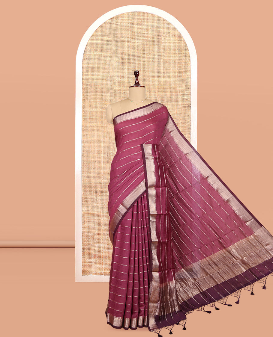 Onion Pink Assam Silk Saree, Showcasing Zari Stripes, Complemented by Contrast Zari Border, Zari Woven Pallu, and Contrast Blouse
