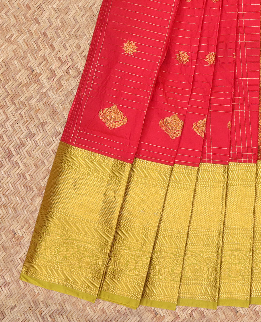 Red Budget Silk Saree, Graced with Zari Buttas Enclosed Checks, a Contrast Traditional Zari Border, Grand Pallu, and a Contrast Blouse