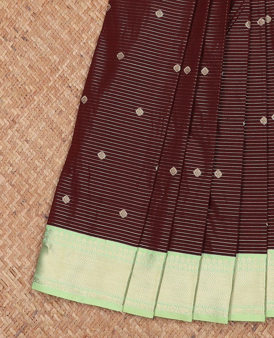 Brown zari buttas, and stripes gift saree, contrast traditional zari design border, and jaal pallu