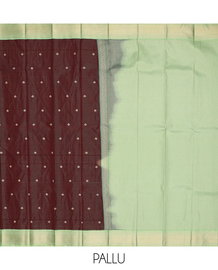 Brown zari buttas, and stripes gift saree, contrast traditional zari design border, and jaal pallu