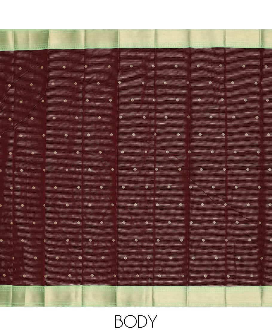 Brown zari buttas, and stripes gift saree, contrast traditional zari design border, and jaal pallu