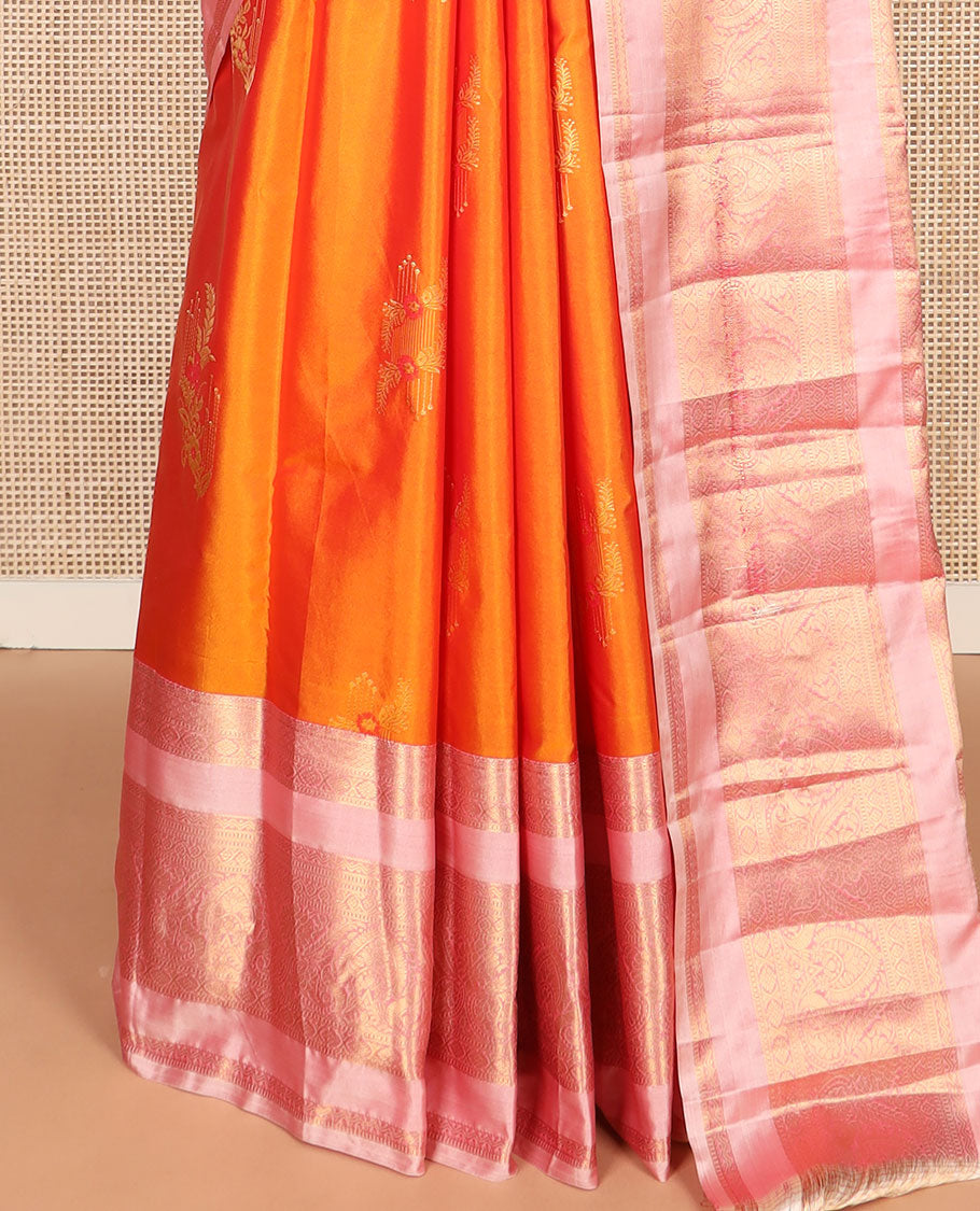 Orange floral zari buttas budget silk saree, contrast traditional zari design border, and jaal pallu