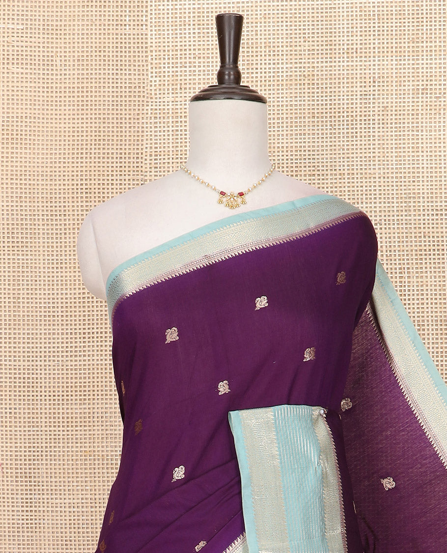 Purple peacock buttas Assam silk saree, contrast traditional zari border, and pallu of zari designs