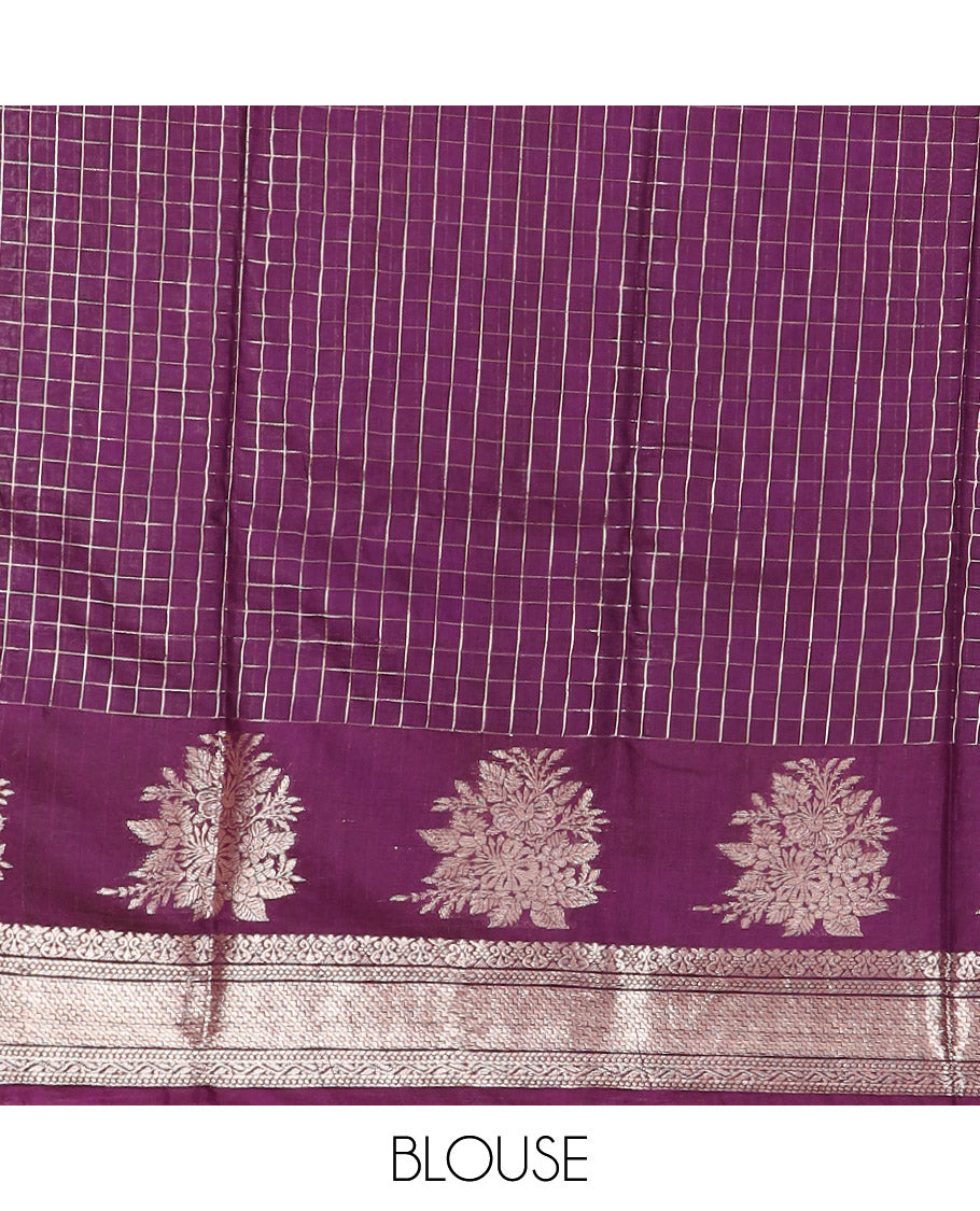 Yellow Assam Silk Saree Sparsely Sparkled with Zari Checks, Complemented by Contrast Traditional Zari Border of Floral Designs, a Captivating Pallu of Zari Stripes, and Paired with a Contrast Blouse