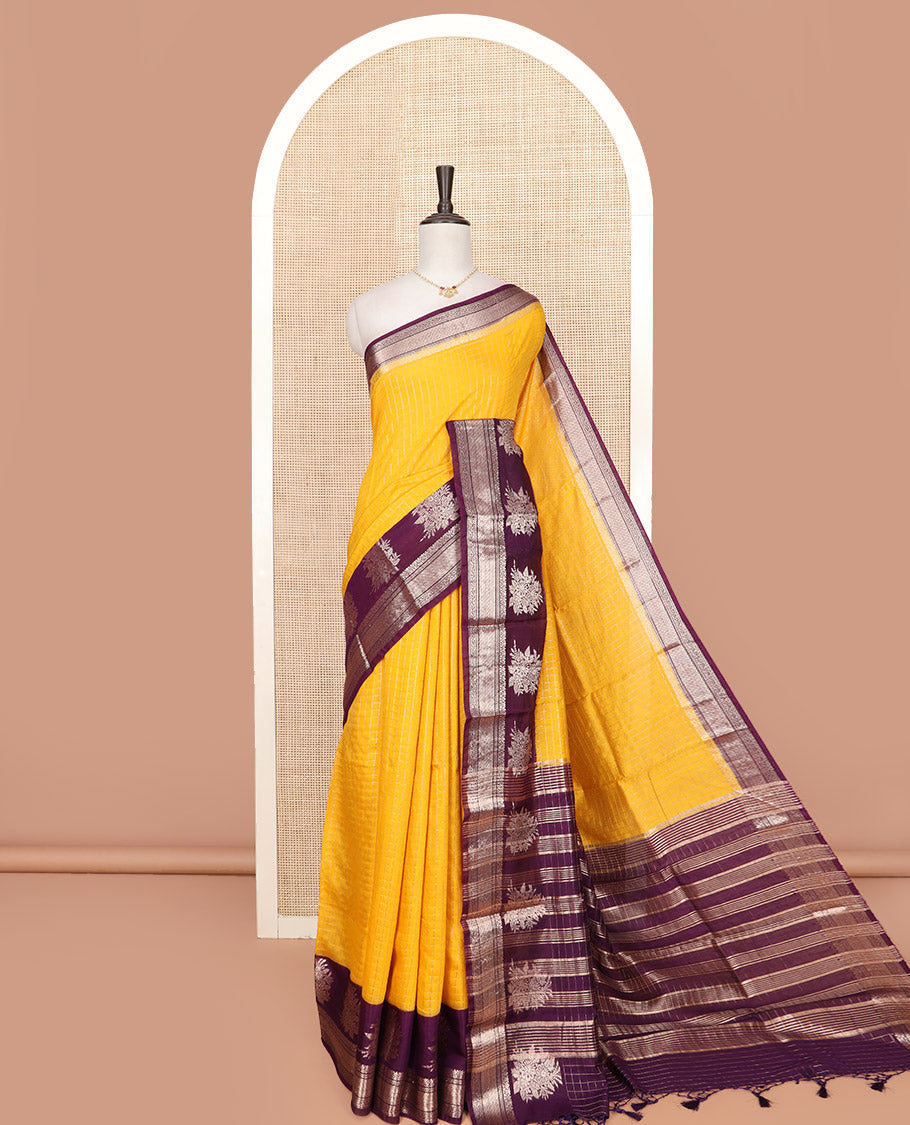 Yellow Assam Silk Saree Sparsely Sparkled with Zari Checks, Complemented by Contrast Traditional Zari Border of Floral Designs, a Captivating Pallu of Zari Stripes, and Paired with a Contrast Blouse