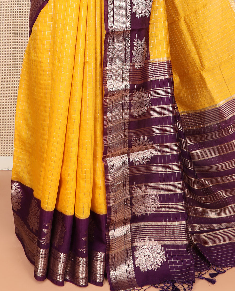 Yellow Assam Silk Saree Sparsely Sparkled with Zari Checks, Complemented by Contrast Traditional Zari Border of Floral Designs, a Captivating Pallu of Zari Stripes, and Paired with a Contrast Blouse