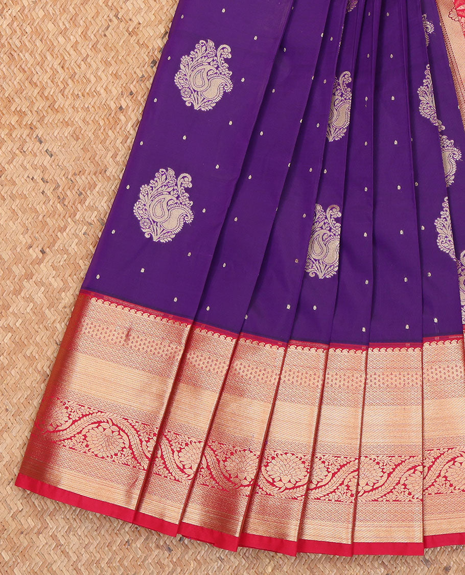 Violet Budget Silk Saree, Beautifully Bedecked with Zari Buttas All Over Its Body, Complemented by a Contrast Traditional Zari Design Border, Pallu Features Ogee Patterns, and Paired with a Contrast Blouse