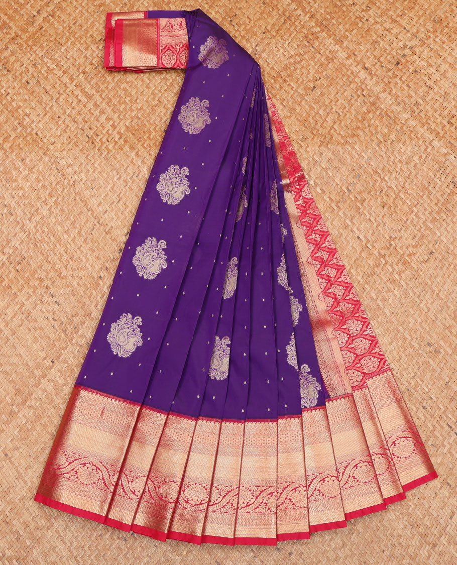 Violet Budget Silk Saree, Beautifully Bedecked with Zari Buttas All Over Its Body, Complemented by a Contrast Traditional Zari Design Border, Pallu Features Ogee Patterns, and Paired with a Contrast Blouse