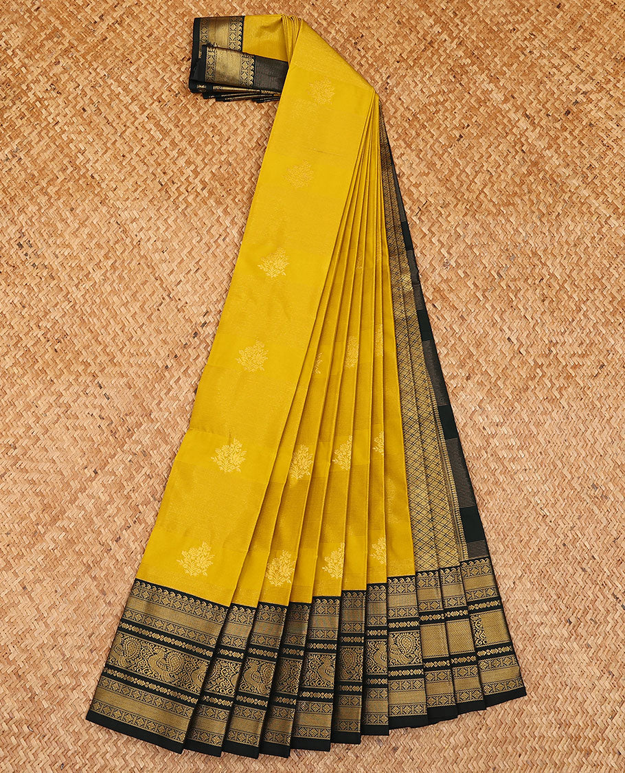Mustard zari buttas and stripes budget silk saree, contrast traditional zari design border, and jaal pallu