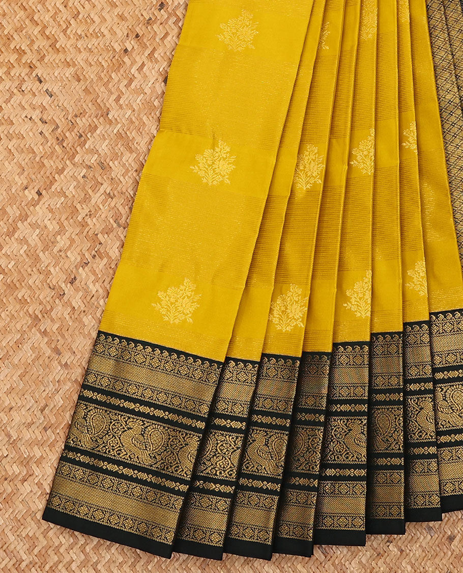 Mustard zari buttas and stripes budget silk saree, contrast traditional zari design border, and jaal pallu
