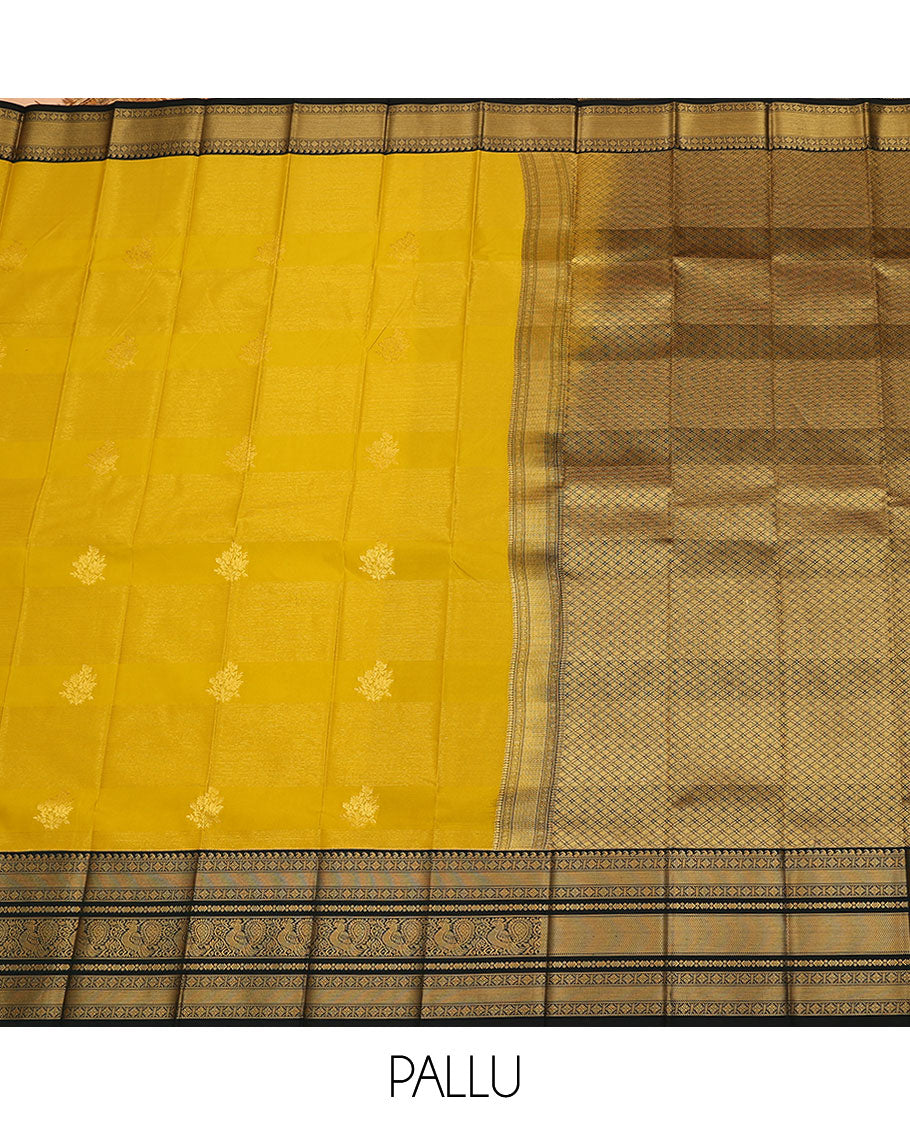 Mustard zari buttas and stripes budget silk saree, contrast traditional zari design border, and jaal pallu