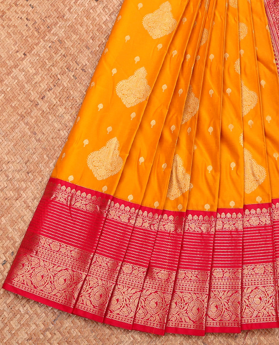Orange Budget Silk Saree, Embellished with Zari Buttas, Complemented by a Contrast Traditional Zari Border, Grand Pallu, and Contrast Blouse