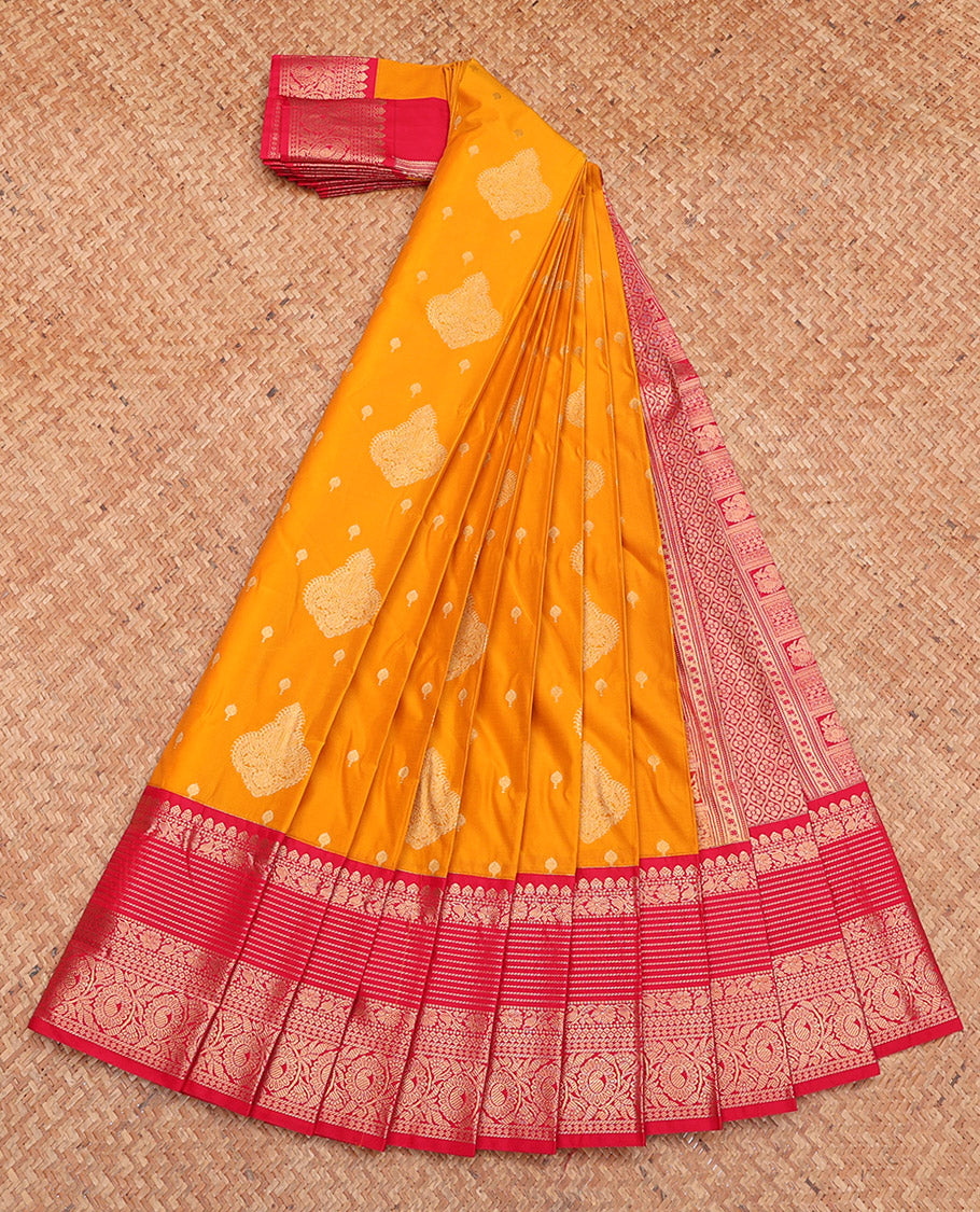 Orange Budget Silk Saree, Embellished with Zari Buttas, Complemented by a Contrast Traditional Zari Border, Grand Pallu, and Contrast Blouse