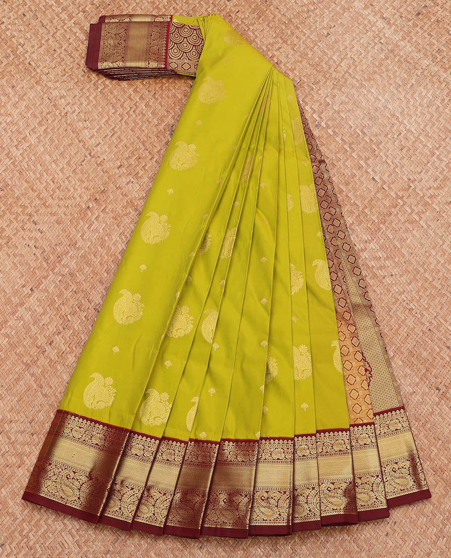 Parrot Green Budget Silk Saree, Bedecked with Zari Buttas, Complemented by a Contrast Traditional Zari Design Border, Grand Pallu, and a Contrast Blouse