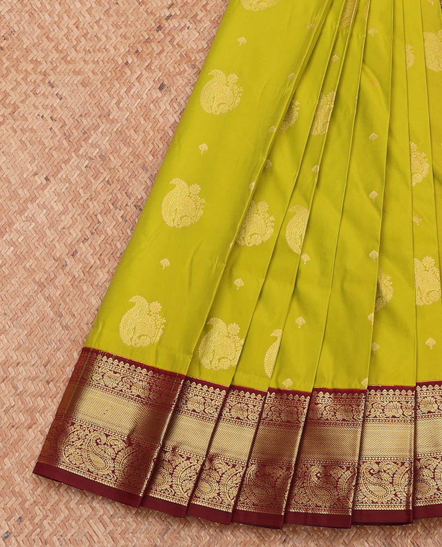 Parrot Green Budget Silk Saree, Bedecked with Zari Buttas, Complemented by a Contrast Traditional Zari Design Border, Grand Pallu, and a Contrast Blouse