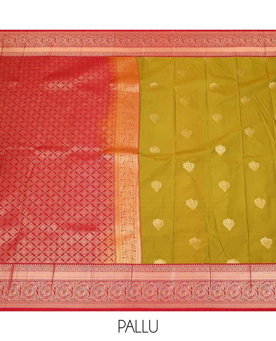 Green zari buttas gift saree, contrast traditional zari design border, and jaal pallu